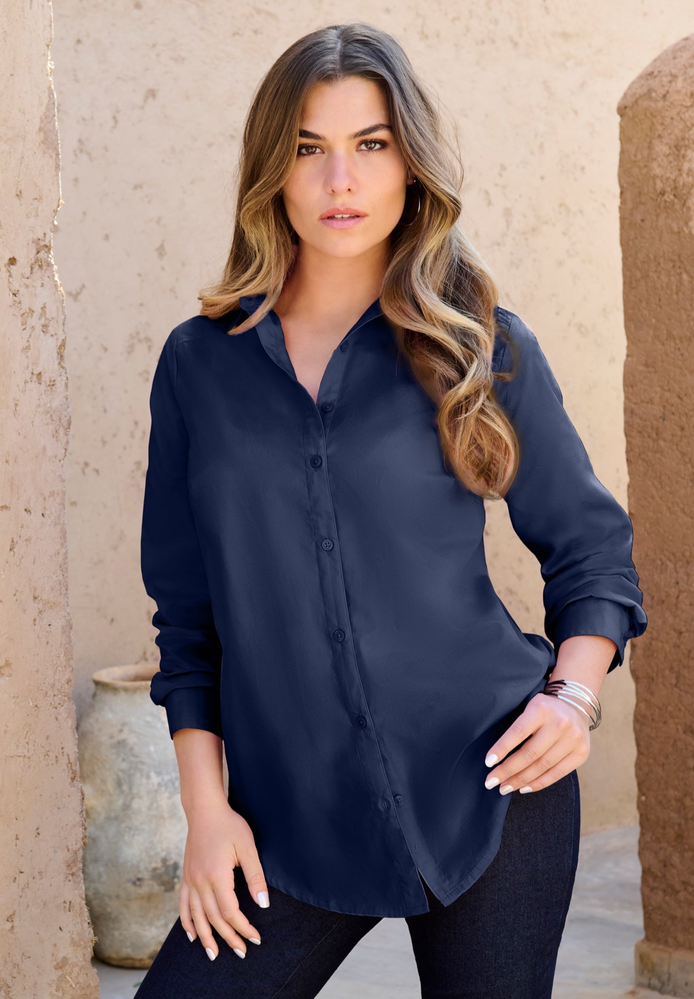 Kate Long-Sleeve Crisp Cotton-Blend Button-Front Shirt image number 0
