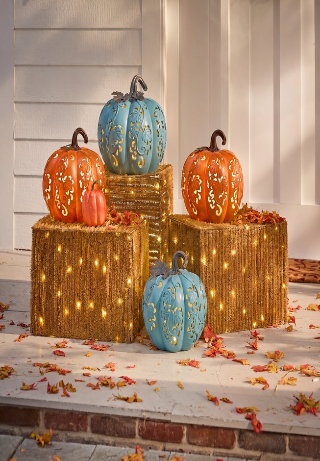 Pre-Lit Carved Resin Pumpkin image number 1