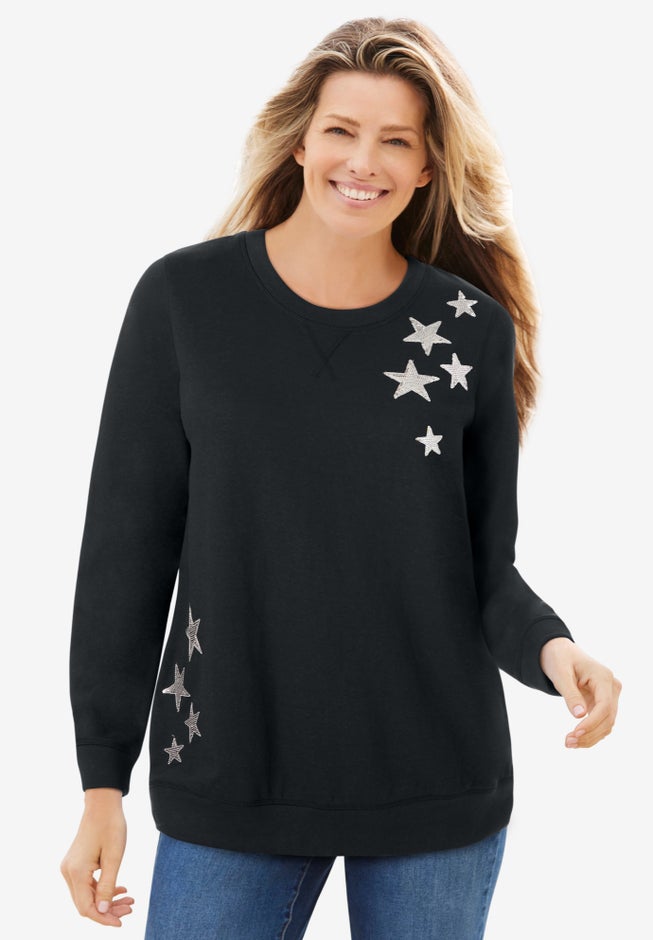 French Terry Sweatshirt Relaxed Pullover, Black Sequin Star