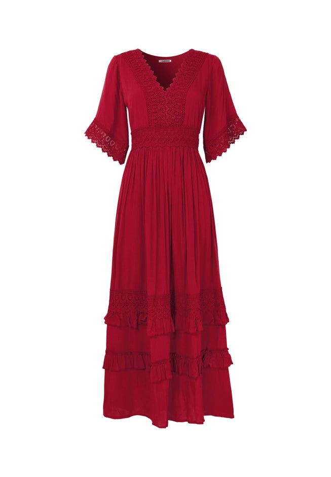 Crochet Trim Boho Midi Dress image number 4