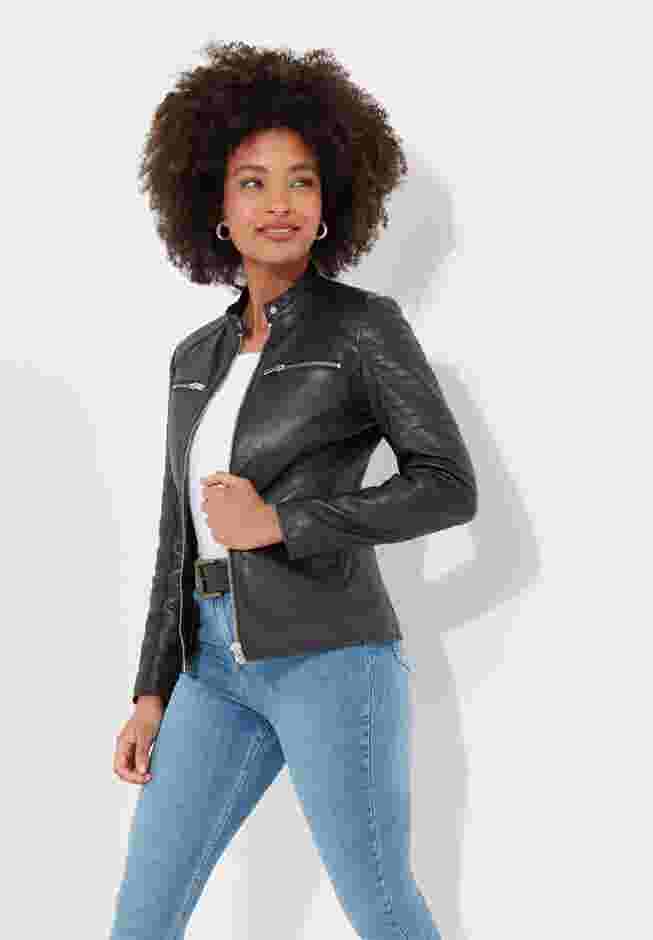 Leather Zip Biker Jacket image number 3