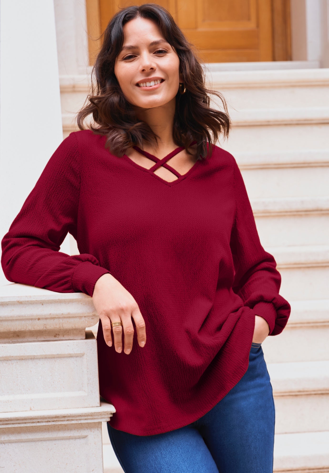 Knit Crepe Criss-Cross Top image number 1