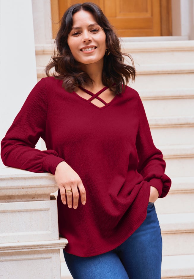 Knit Crepe Criss-Cross Top image number 1
