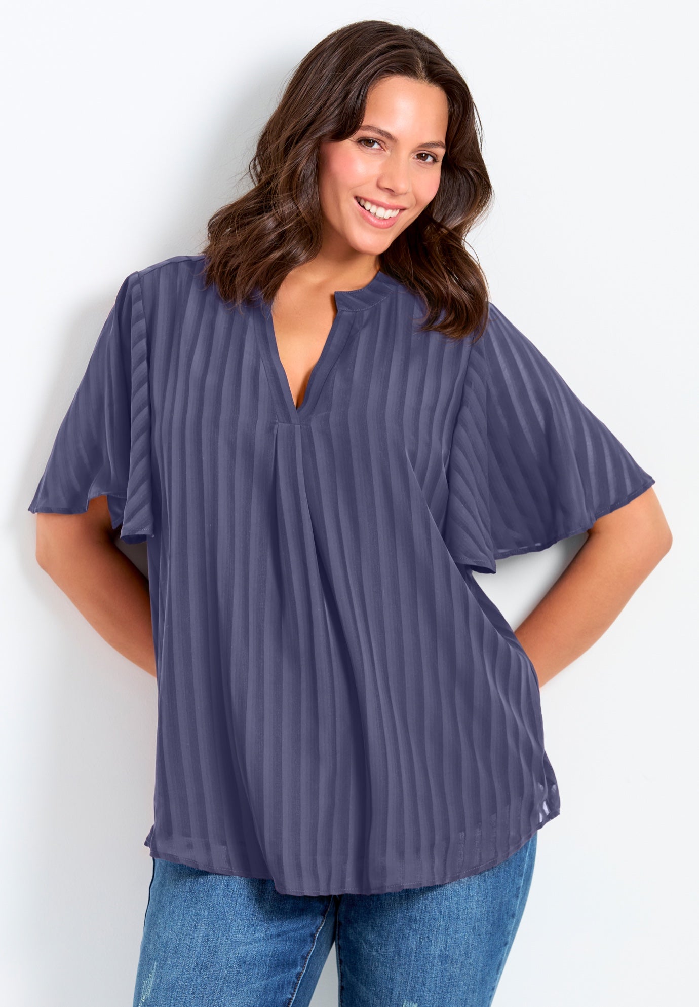 Split Neck Flutter Sleeve Blouse image number 0