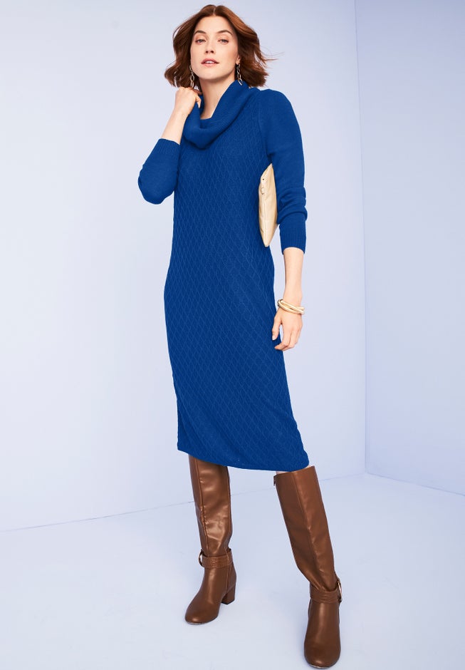 Textured Cowlneck Sweater Dress for Fall, Dark Sapphire | Woman Within Textured Cowlneck Sweater Dress for Fall, Dark Sapphire | Woman Within