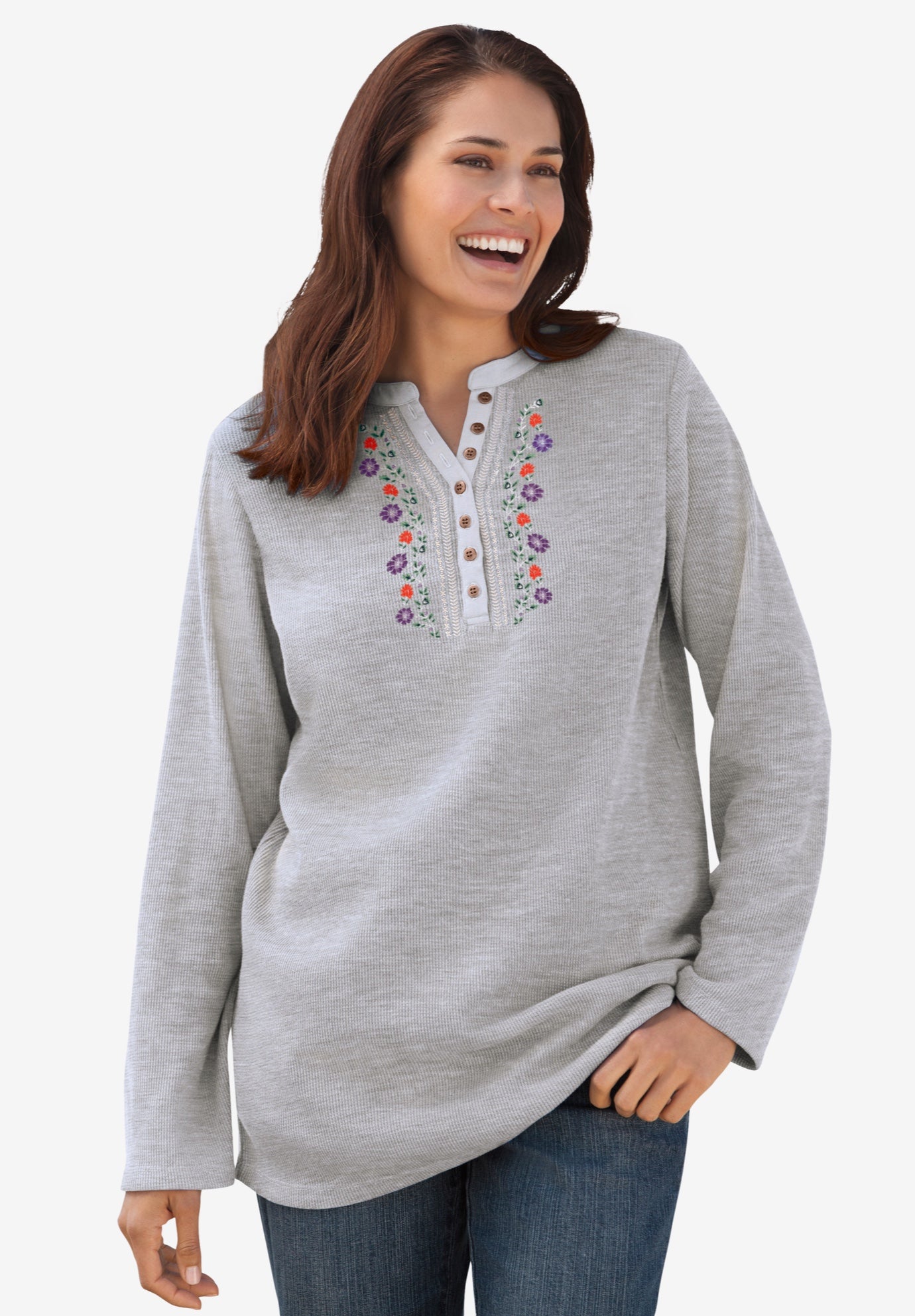 Embroidered Thermal Henley Tee image number 2