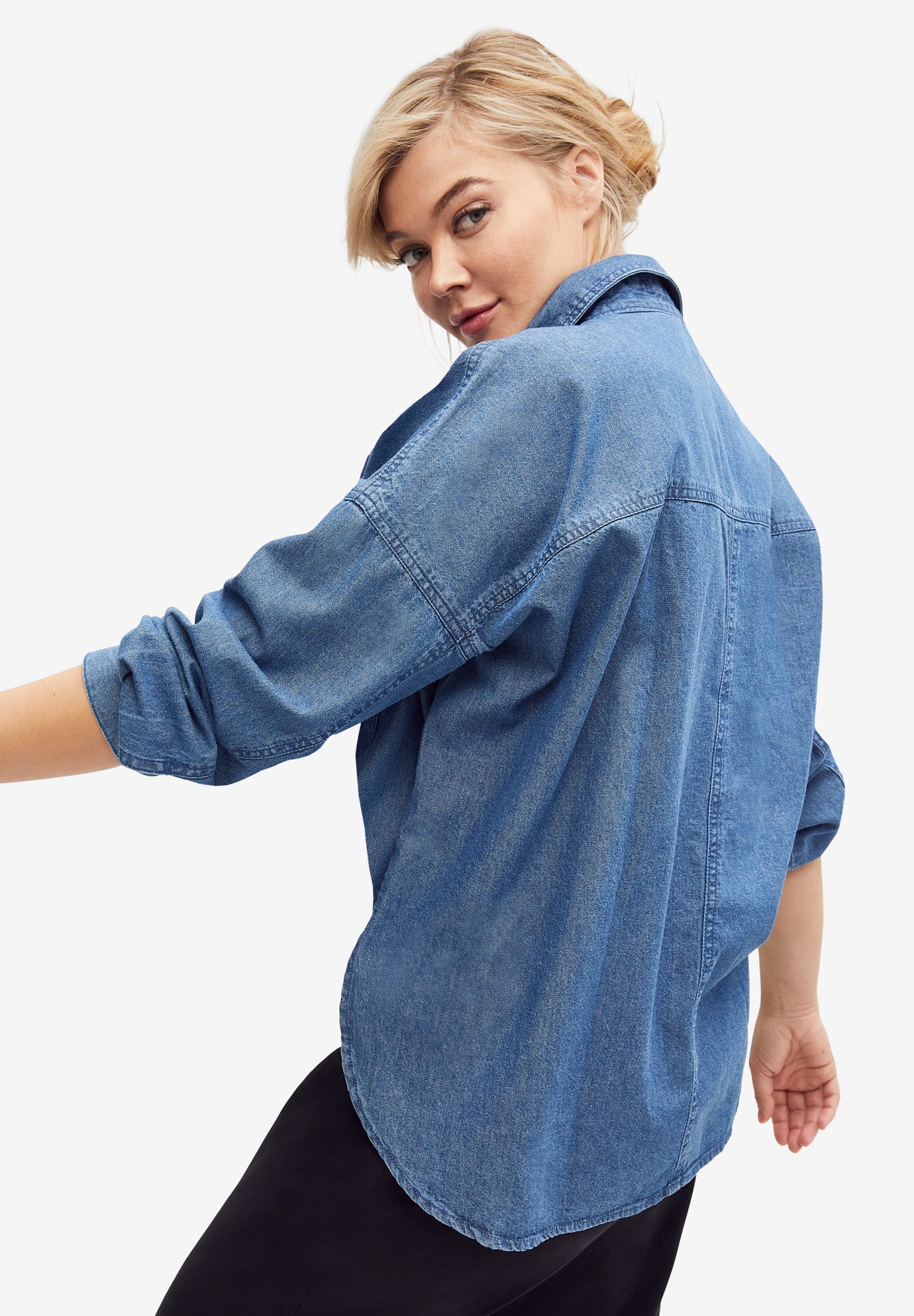 Plus Size Denim Shirt - Button-Front Style, Light Stonewash