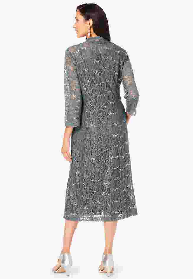 Plus Size 3/4 Sleeve Formal Duster Sequin – Embellished Lace Dress Set image number 1