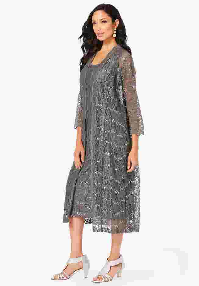 Plus Size 3/4 Sleeve Formal Duster Sequin – Embellished Lace Dress Set image number 2