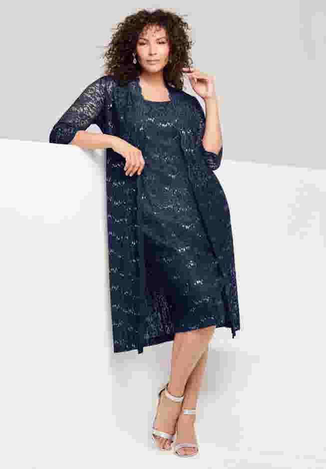 Plus Size 3/4 Sleeve Formal Duster Sequin – Embellished Lace Dress Set image number 0