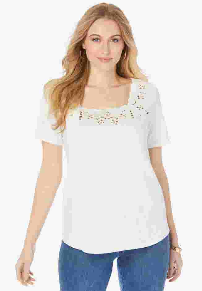 Stretch Cotton Eyelet Cutout Tee image number 0
