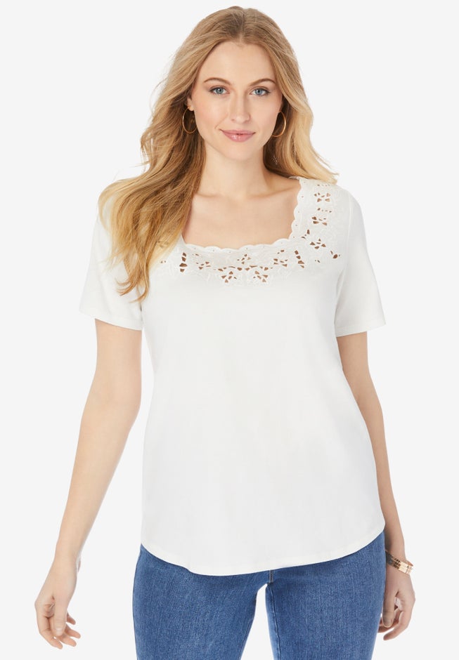 Stretch Cotton Eyelet Cutout Tee image number 0
