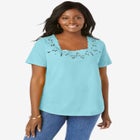 Stretch Cotton Eyelet Cutout Tee image number null