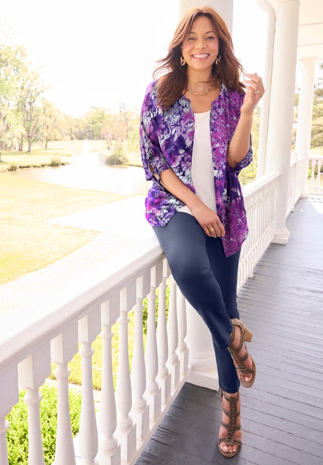 Georgette Buttonfront Tie Sleeve Cafe Blouse image number 5