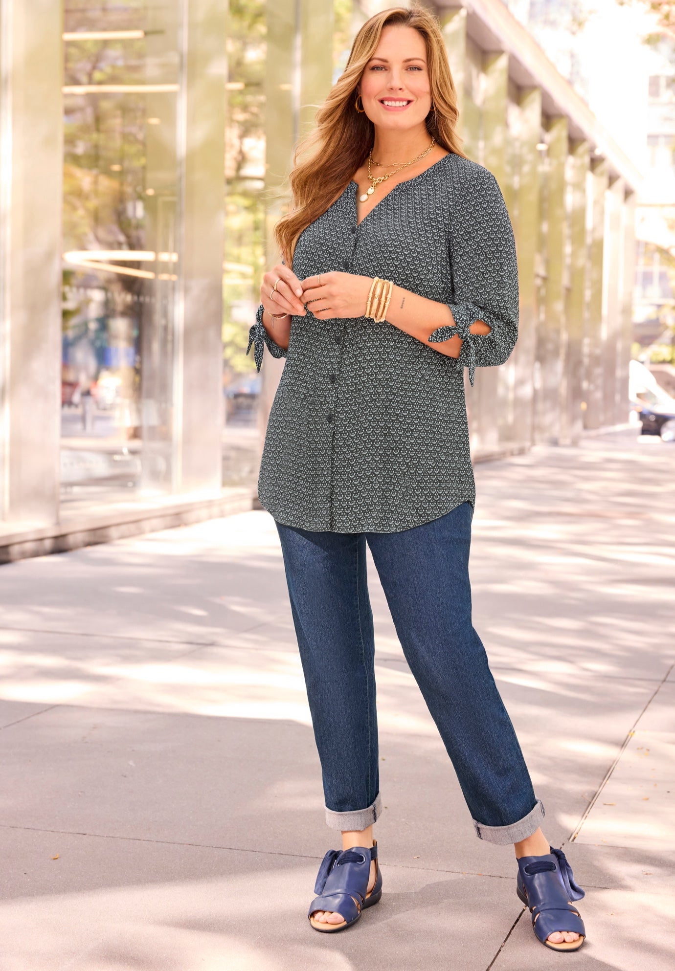 Georgette Buttonfront Tie Sleeve Cafe Blouse image number 2