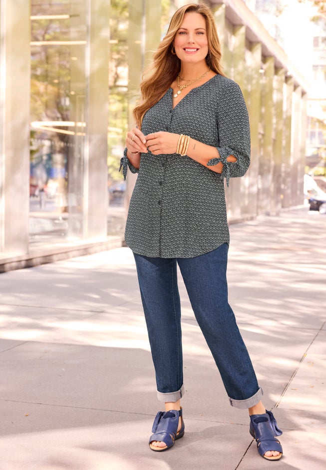Georgette Buttonfront Tie Sleeve Cafe Blouse image number 2