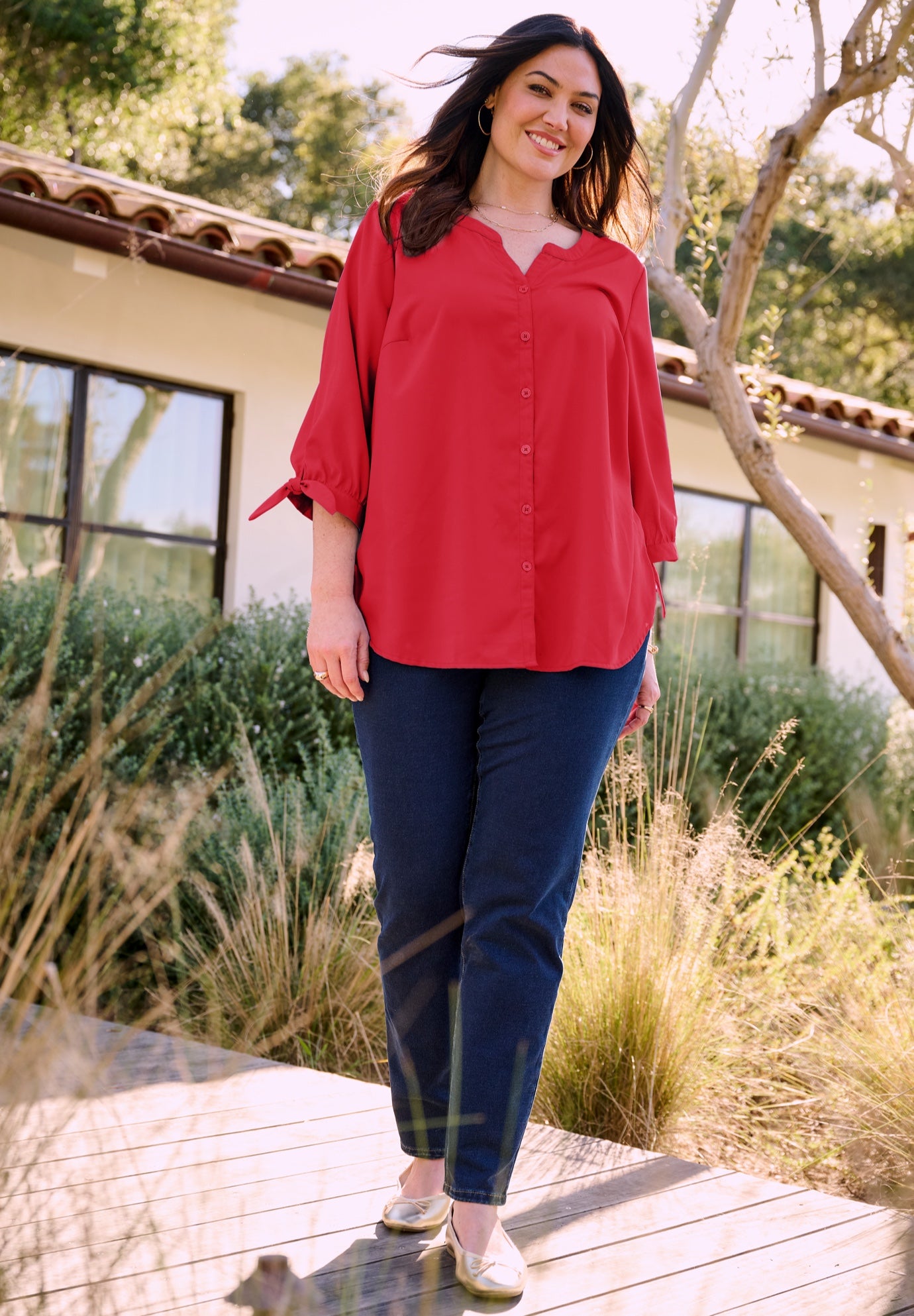 Georgette Buttonfront Tie Sleeve Cafe Blouse image number 2