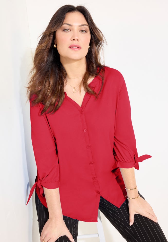 Georgette Buttonfront Tie Sleeve Cafe Blouse image number 3