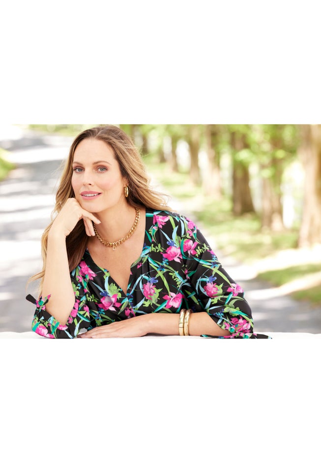 Georgette Buttonfront Tie Sleeve Cafe Blouse image number 3