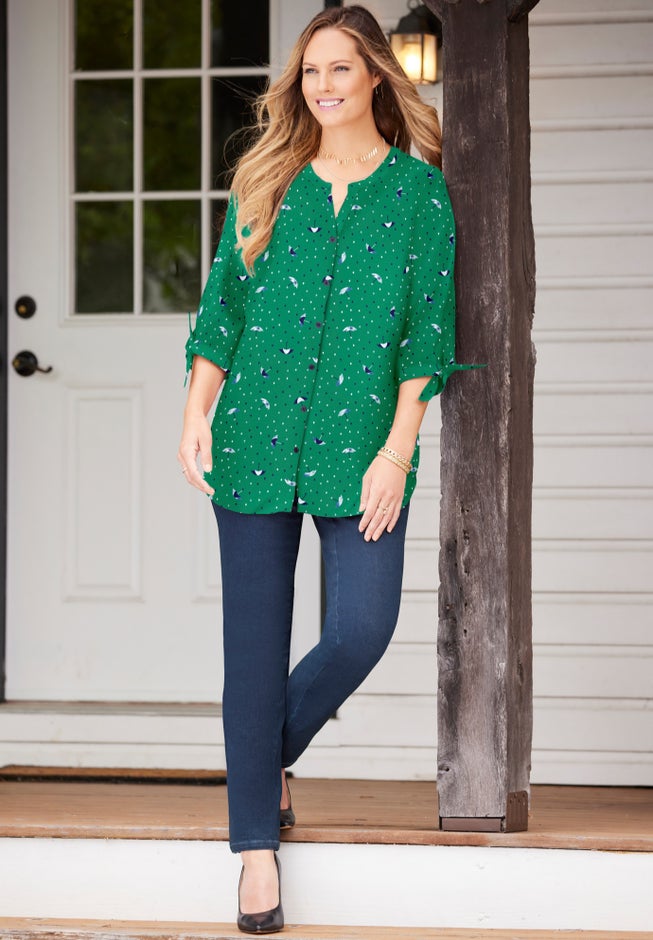 Georgette Buttonfront Tie Sleeve Cafe Blouse image number 5