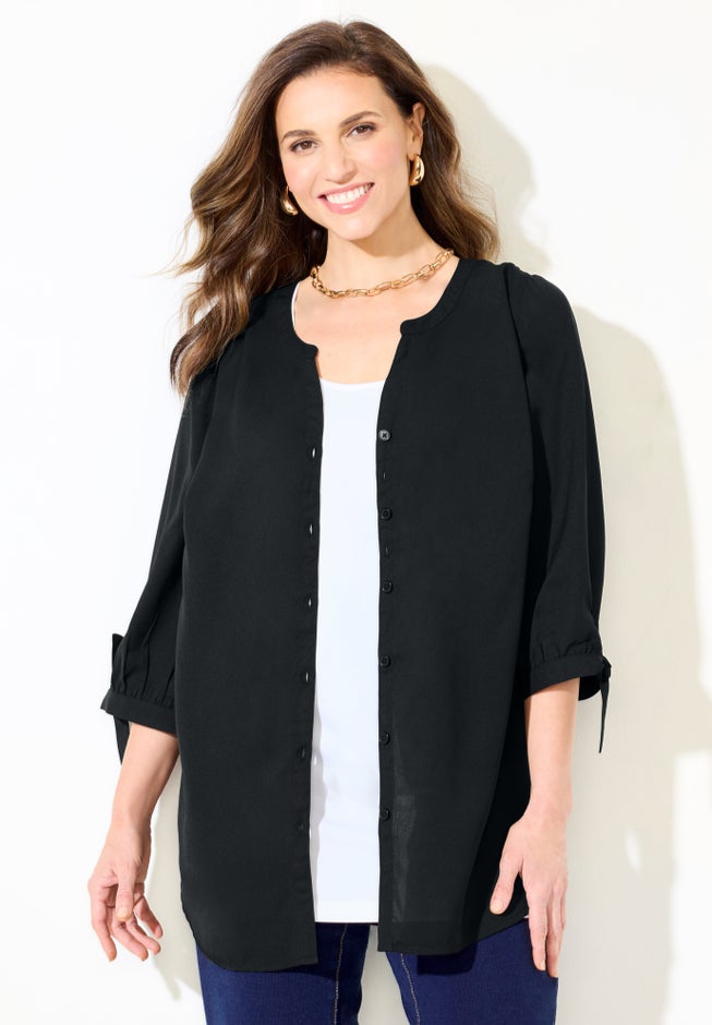 Georgette Buttonfront Tie Sleeve Cafe Blouse image number 4