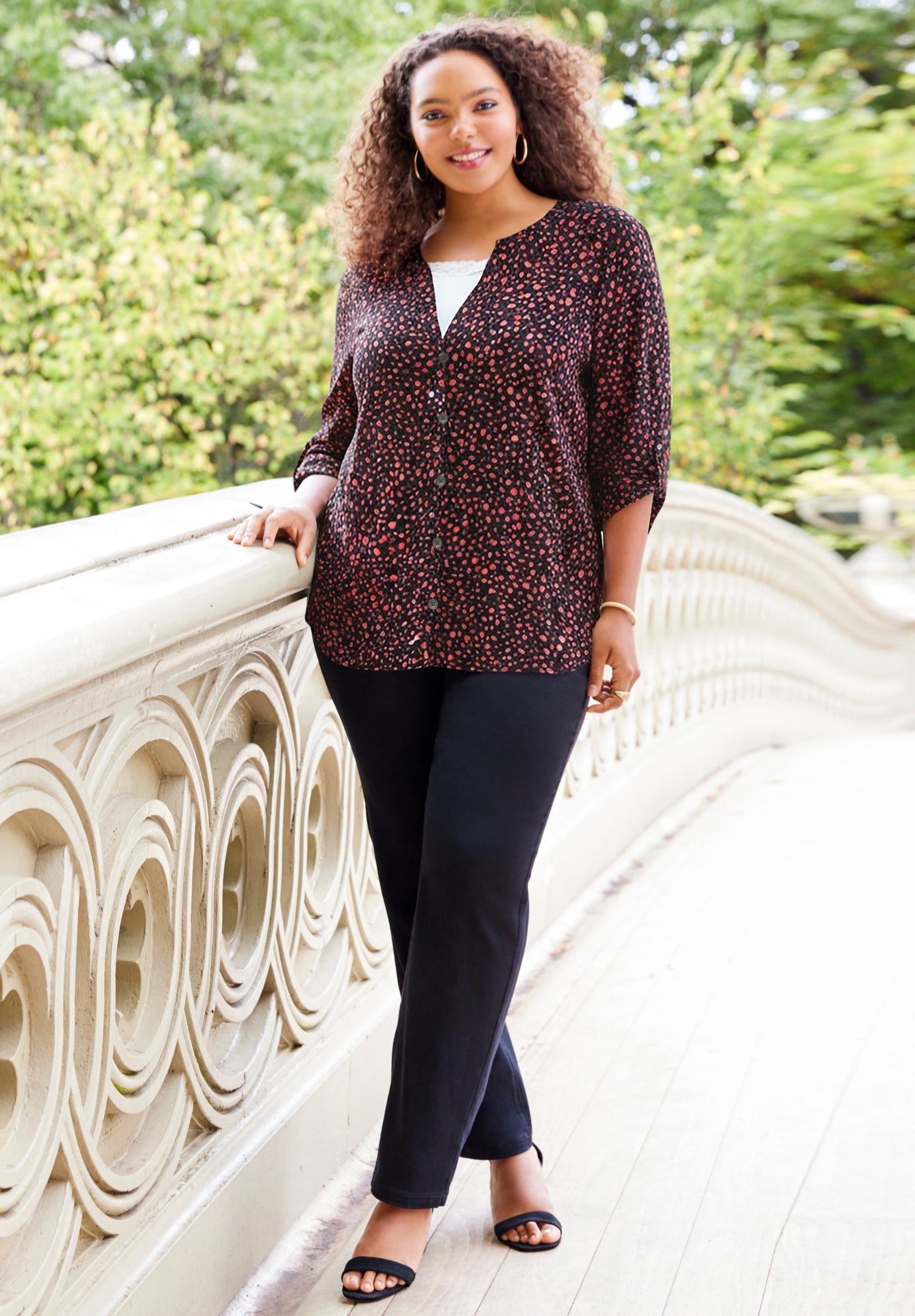 Georgette Buttonfront Tie Sleeve Cafe Blouse image number 1