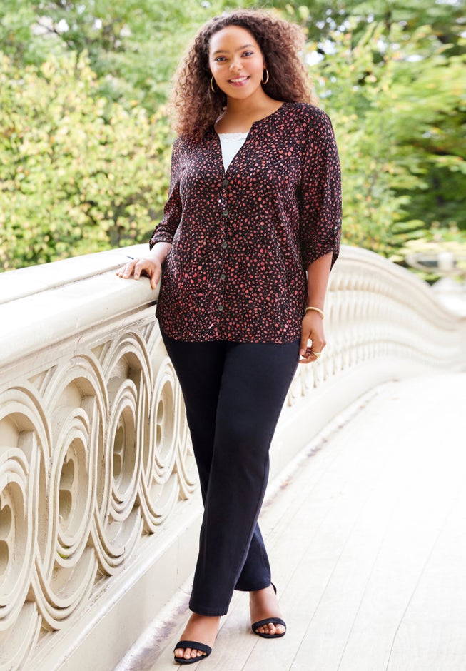 Georgette Buttonfront Tie Sleeve Cafe Blouse image number 1