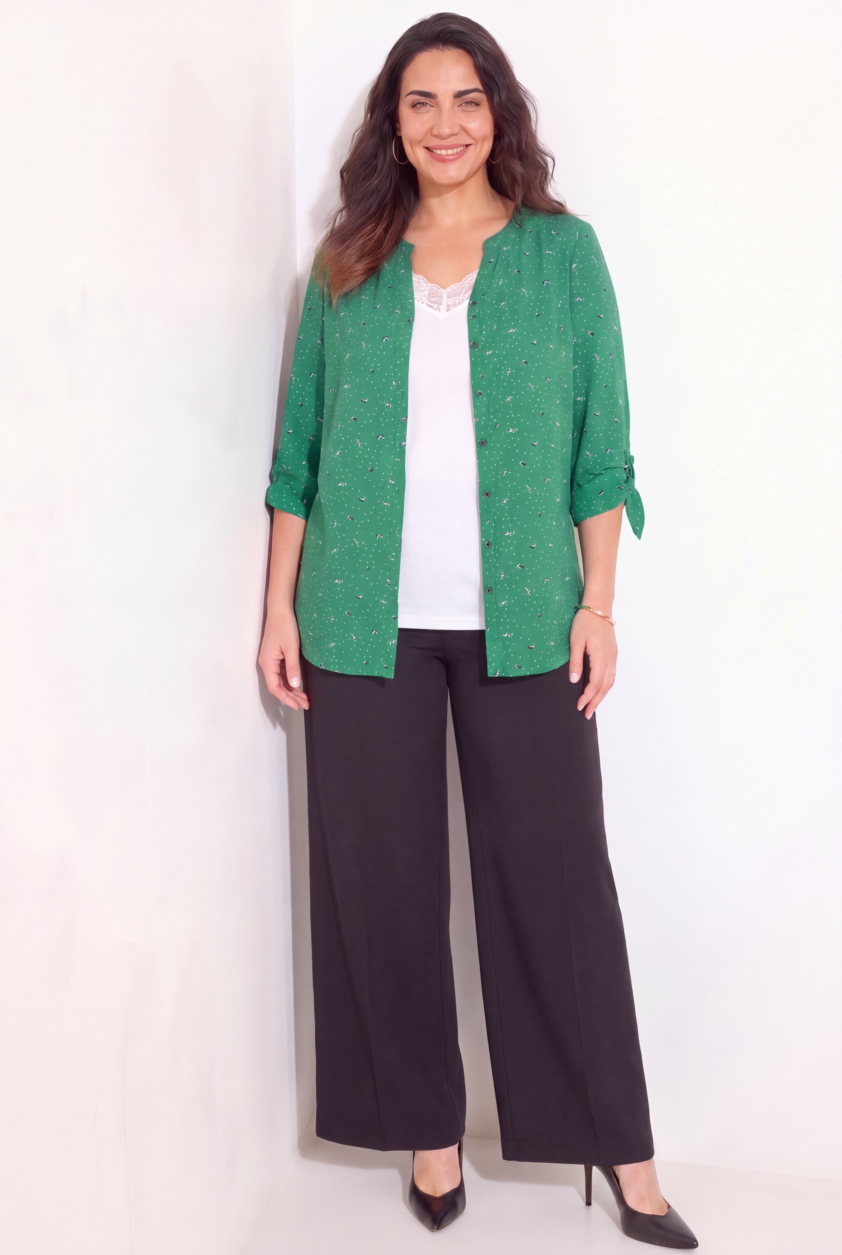 Georgette Buttonfront Tie Sleeve Cafe Blouse image number 2