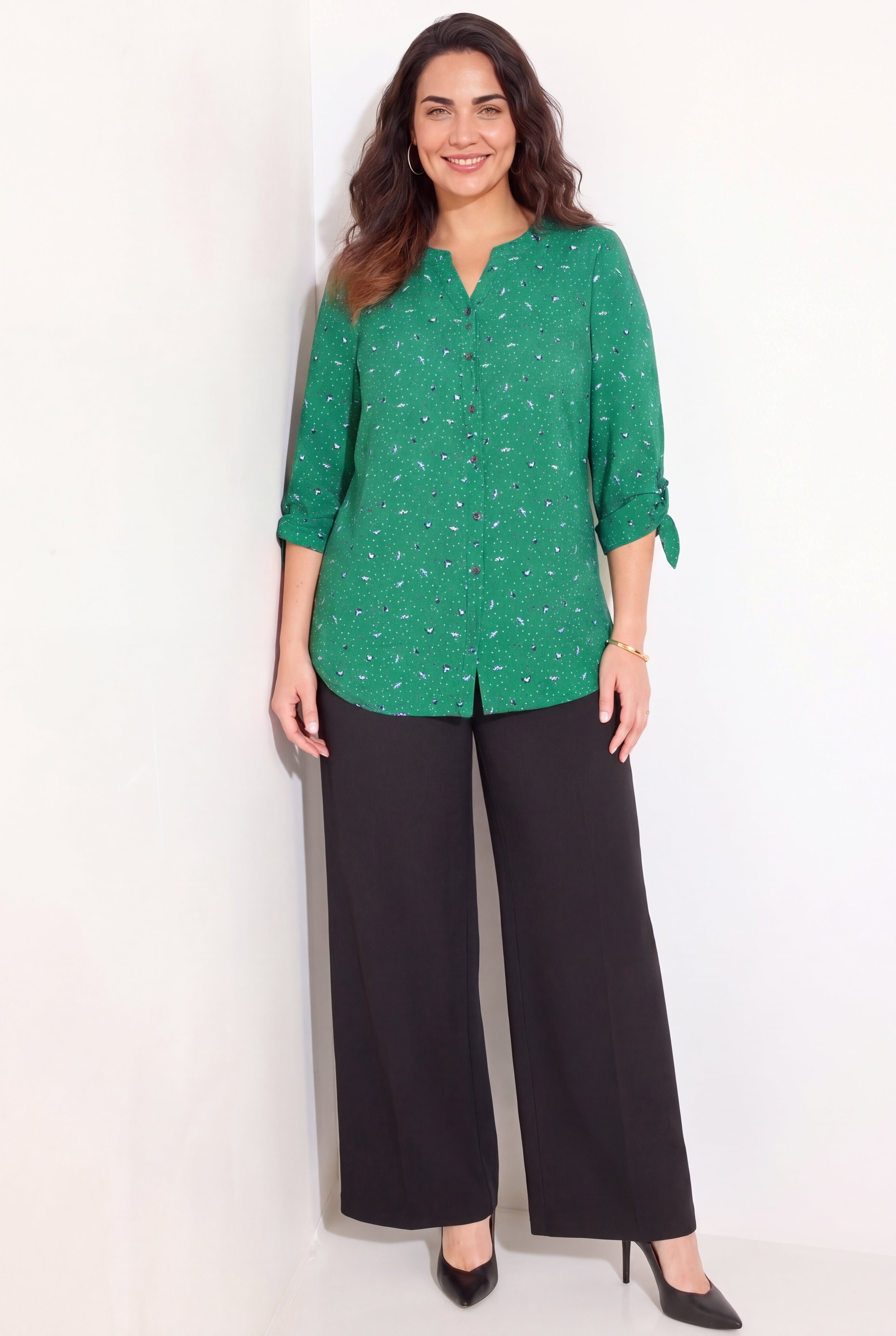 Georgette Buttonfront Tie Sleeve Cafe Blouse image number 1