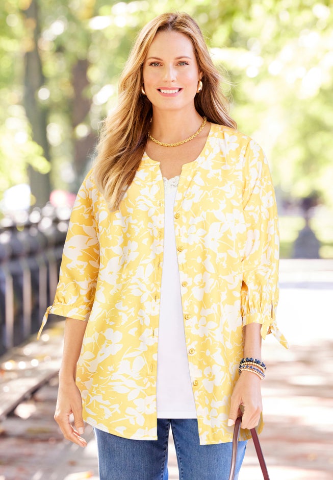 Georgette Buttonfront Tie Sleeve Cafe Blouse image number 2