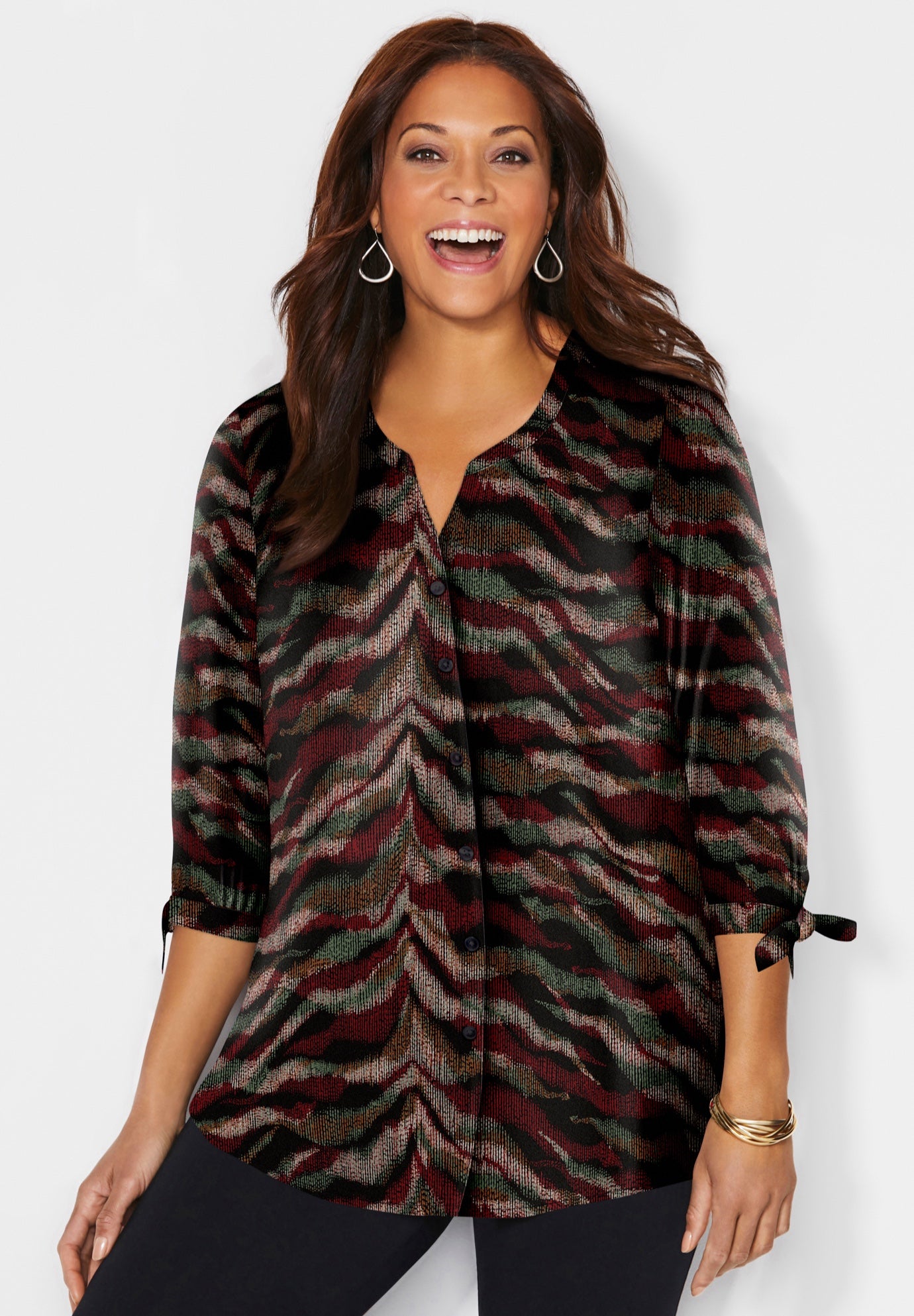 Georgette Buttonfront Tie Sleeve Cafe Blouse image number 0