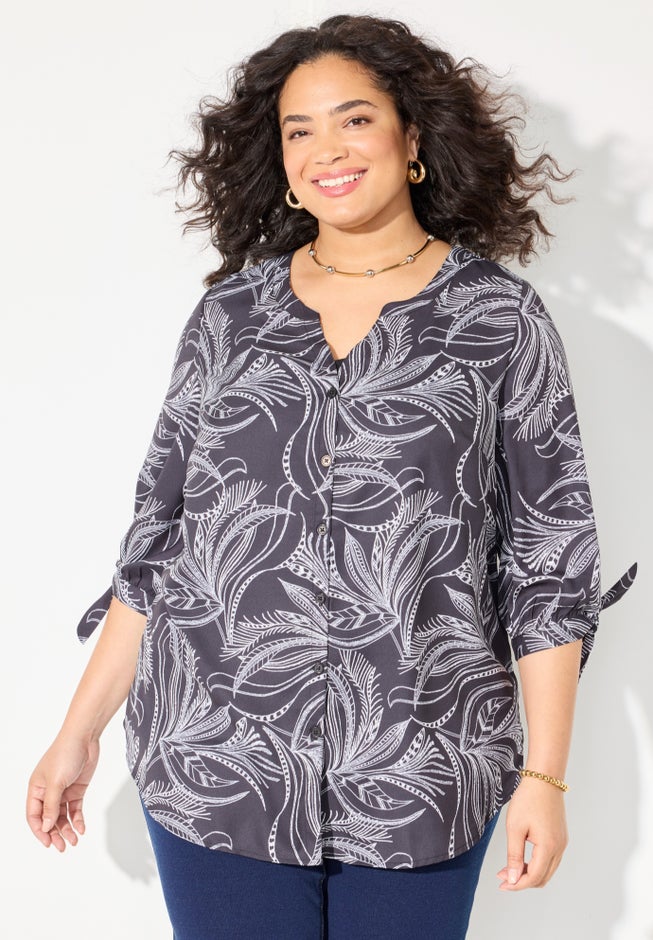 Georgette Buttonfront Tie Sleeve Cafe Blouse image number 0