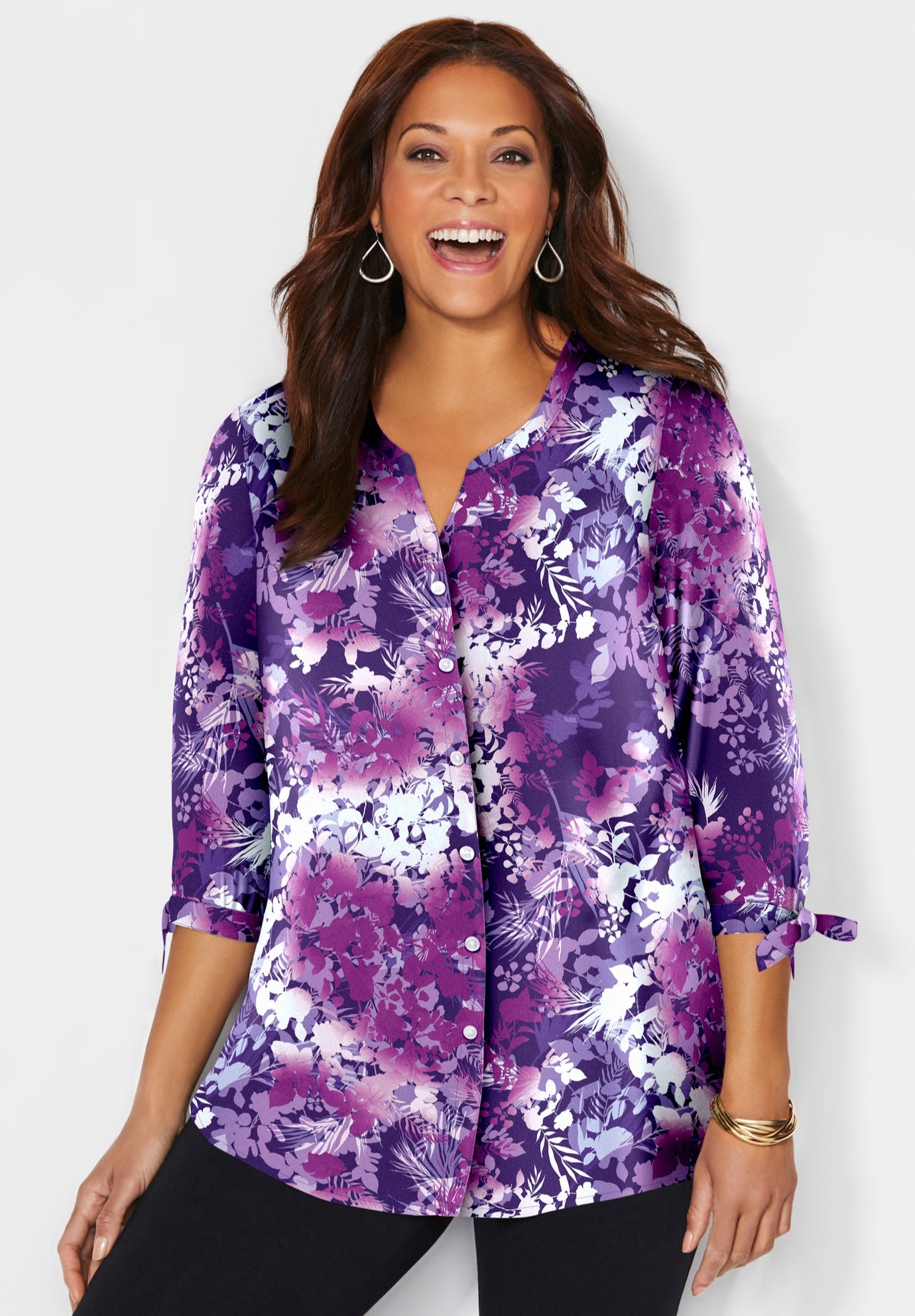 Georgette Buttonfront Tie Sleeve Cafe Blouse image number 0