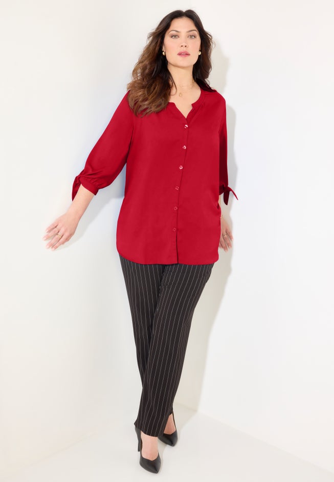 Georgette Buttonfront Tie Sleeve Cafe Blouse image number 1