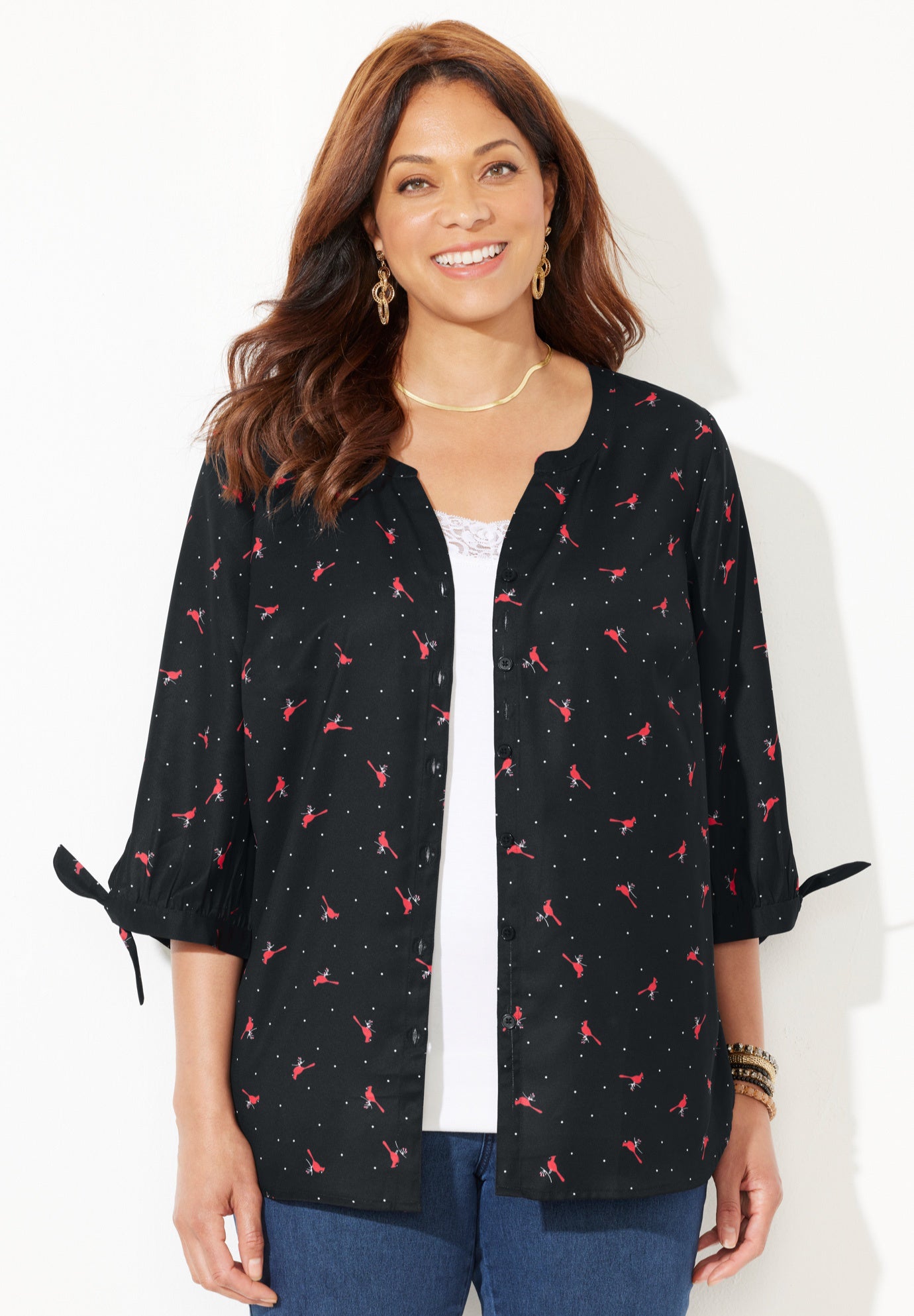 Georgette Buttonfront Tie Sleeve Cafe Blouse image number 0