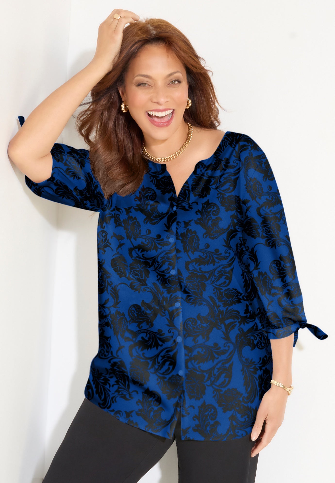 Georgette Buttonfront Tie Sleeve Cafe Blouse image number 0