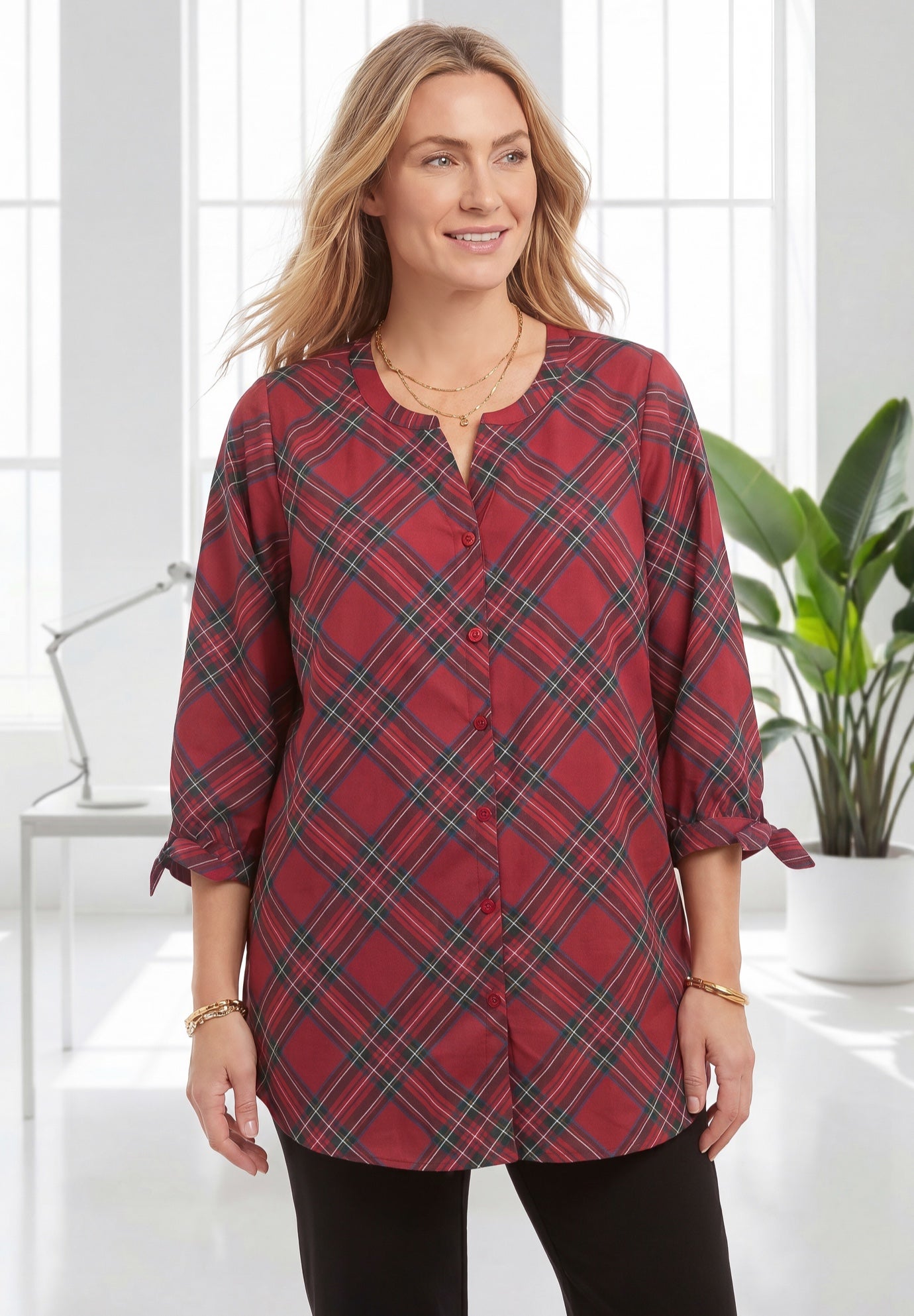Georgette Buttonfront Tie Sleeve Cafe Blouse image number 0