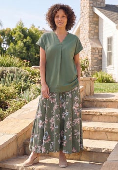 V-Neck Scallop Trim Longline Knit Tunic Top