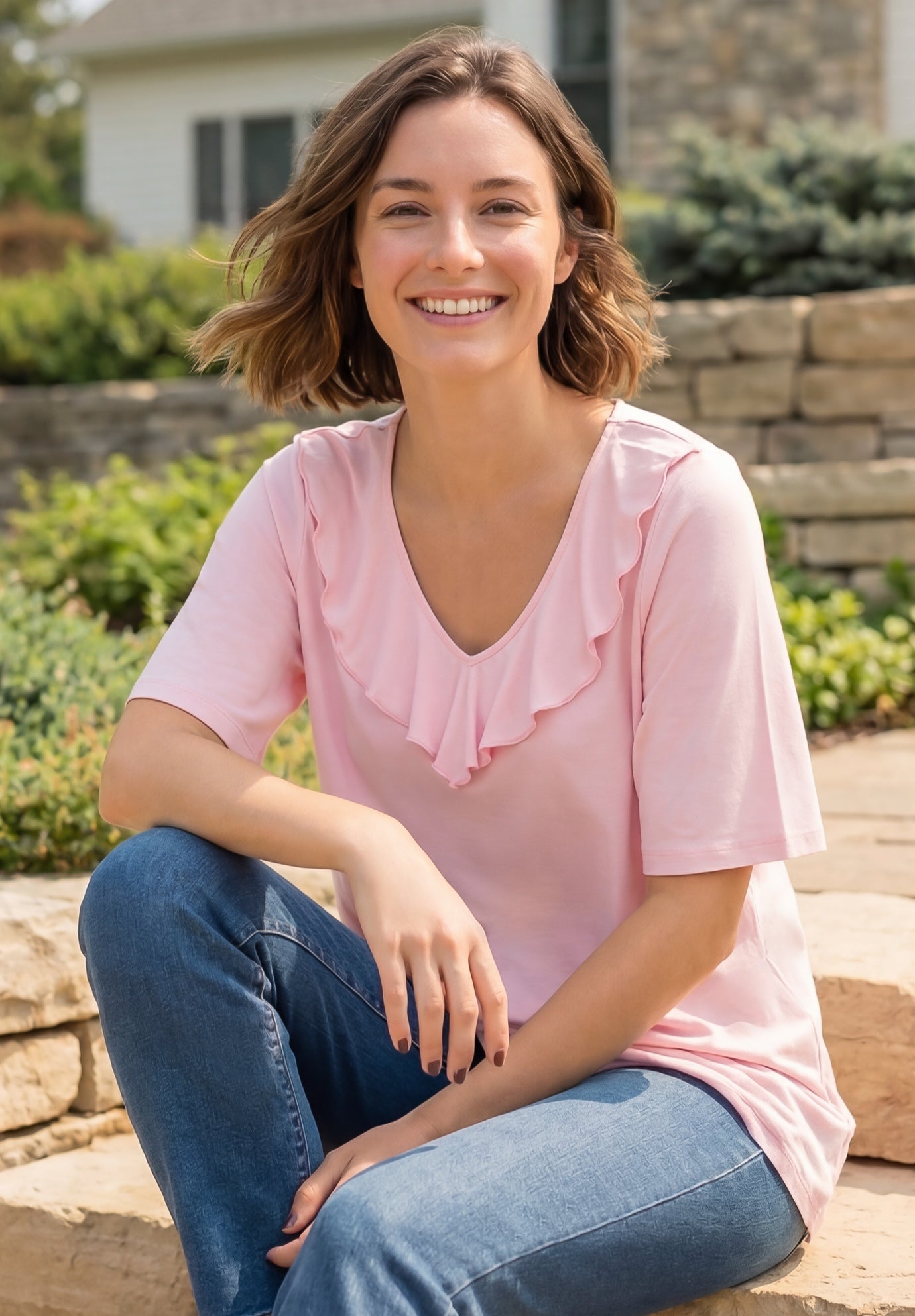 Ruffled V-Neck Short Sleeve Tee image number 0