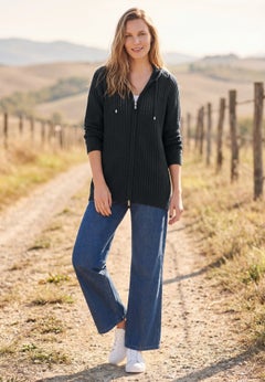 Open Stitch Zip Hoodie Long-Sleeve Sweater