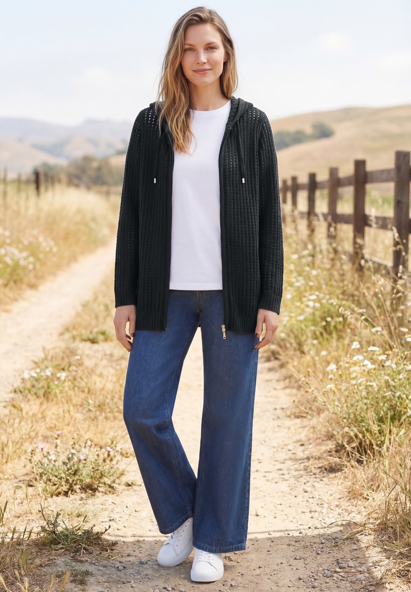 Open Stitch Zip Hoodie Long-Sleeve Sweater image number 0