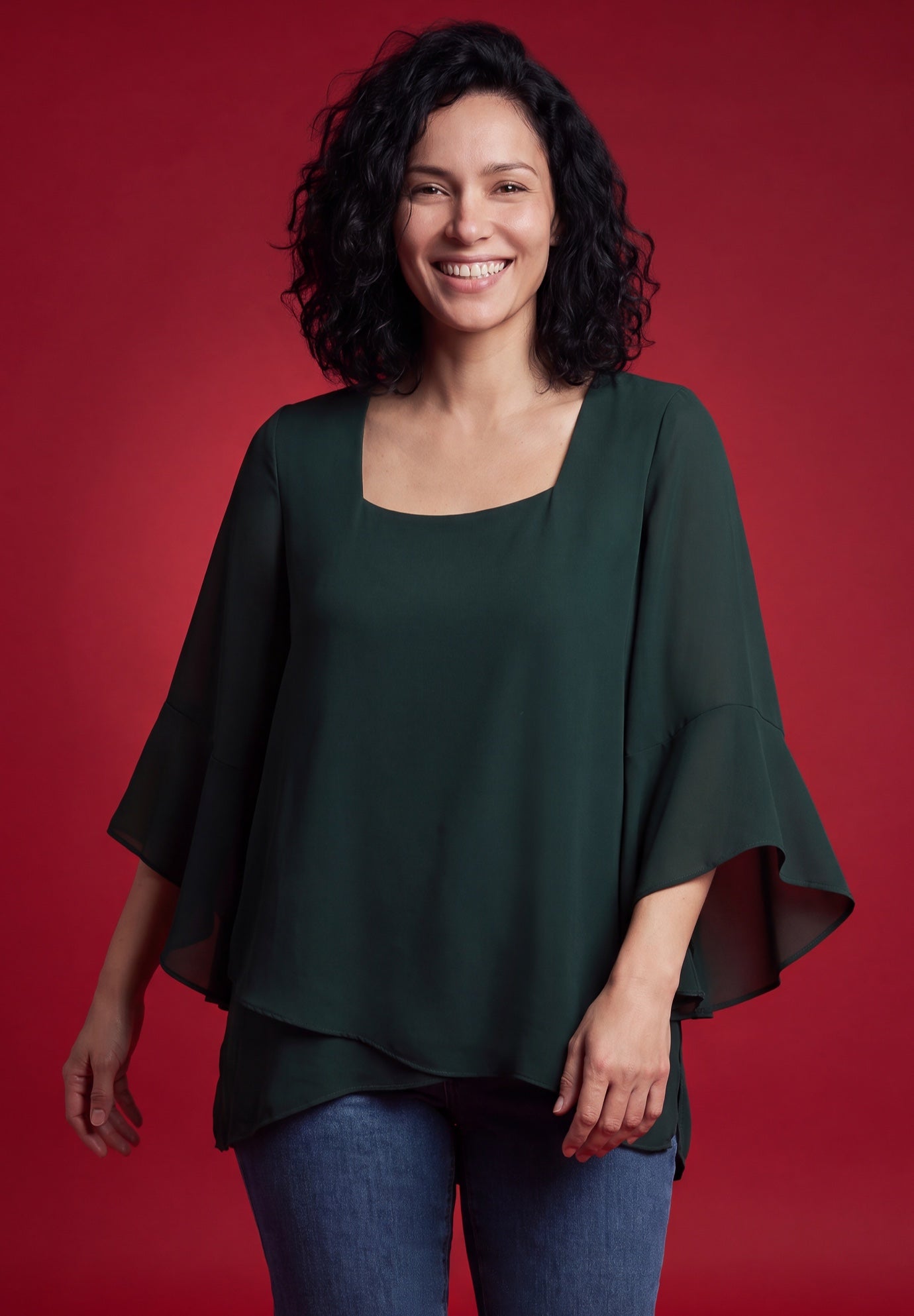 Square Neck &frac34; Ruffle Sleeve Tulip Hem Tunic image number 0