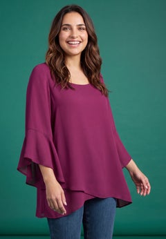 Square Neck &frac34; Ruffle Sleeve Tulip Hem Tunic