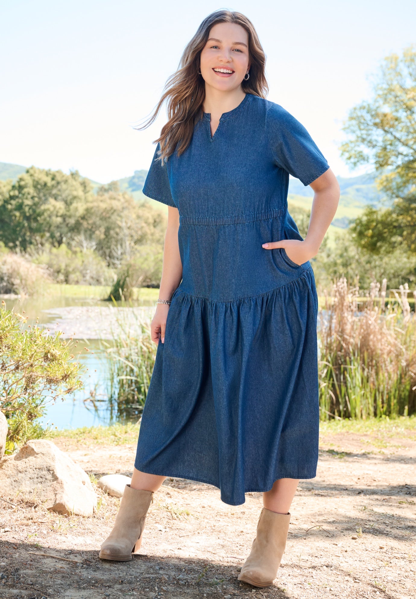 Tiered Denim Maxi Dress image number 0