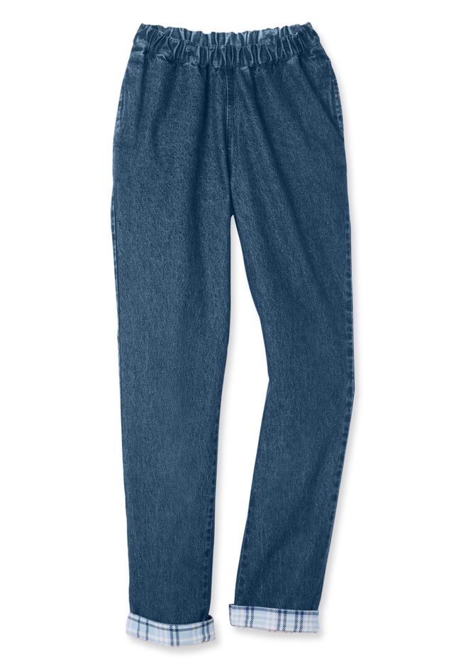 Elastic-Waist Cotton Straight Leg Denim Pant with Flannel Lining image number 1