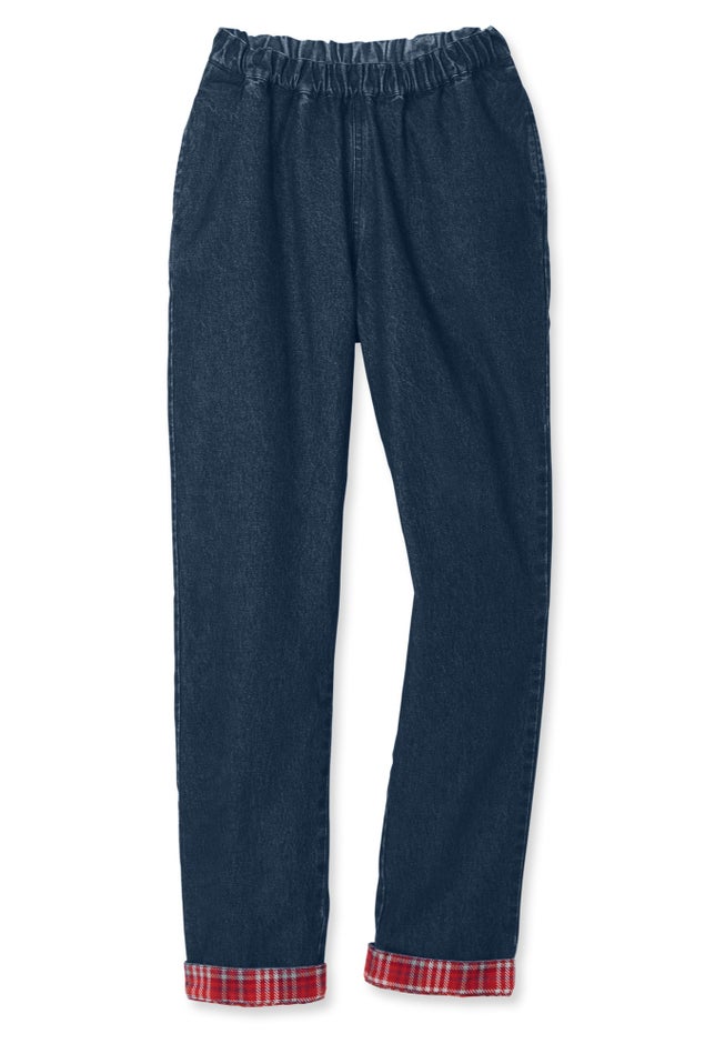 Elastic-Waist Cotton Straight Leg Denim Pant with Flannel Lining image number 3