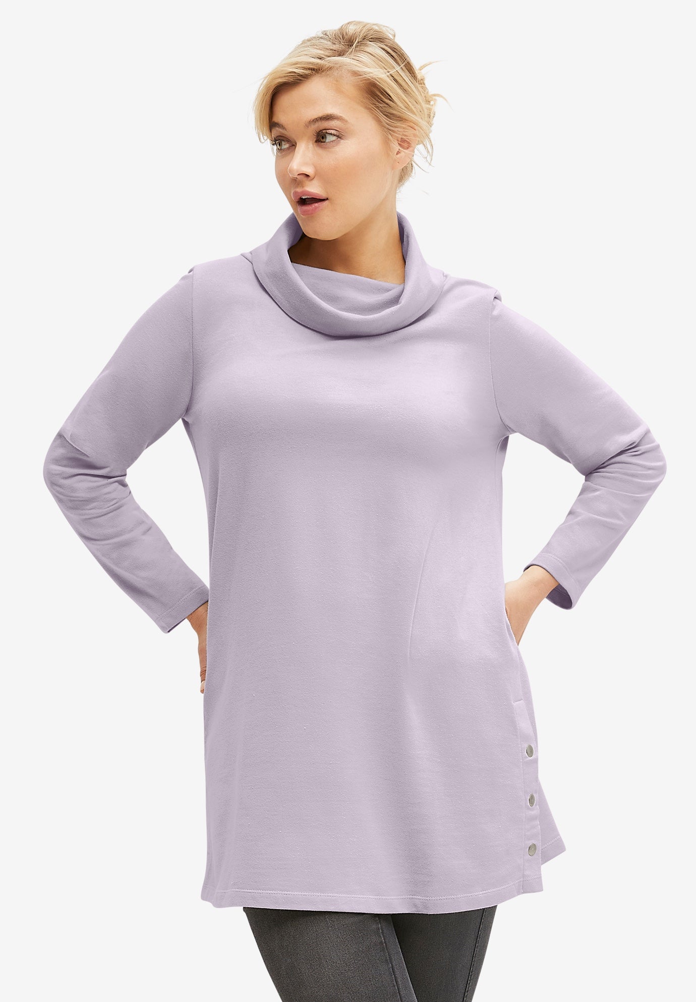 Side Snap Cowl Neck French Terry Sweatshirt Tunic image number 0