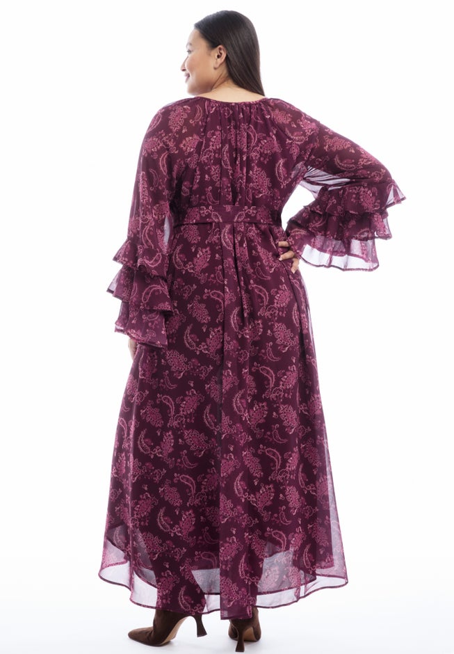 Ruffled Paisley Chiffon Maxi Dress image number 1
