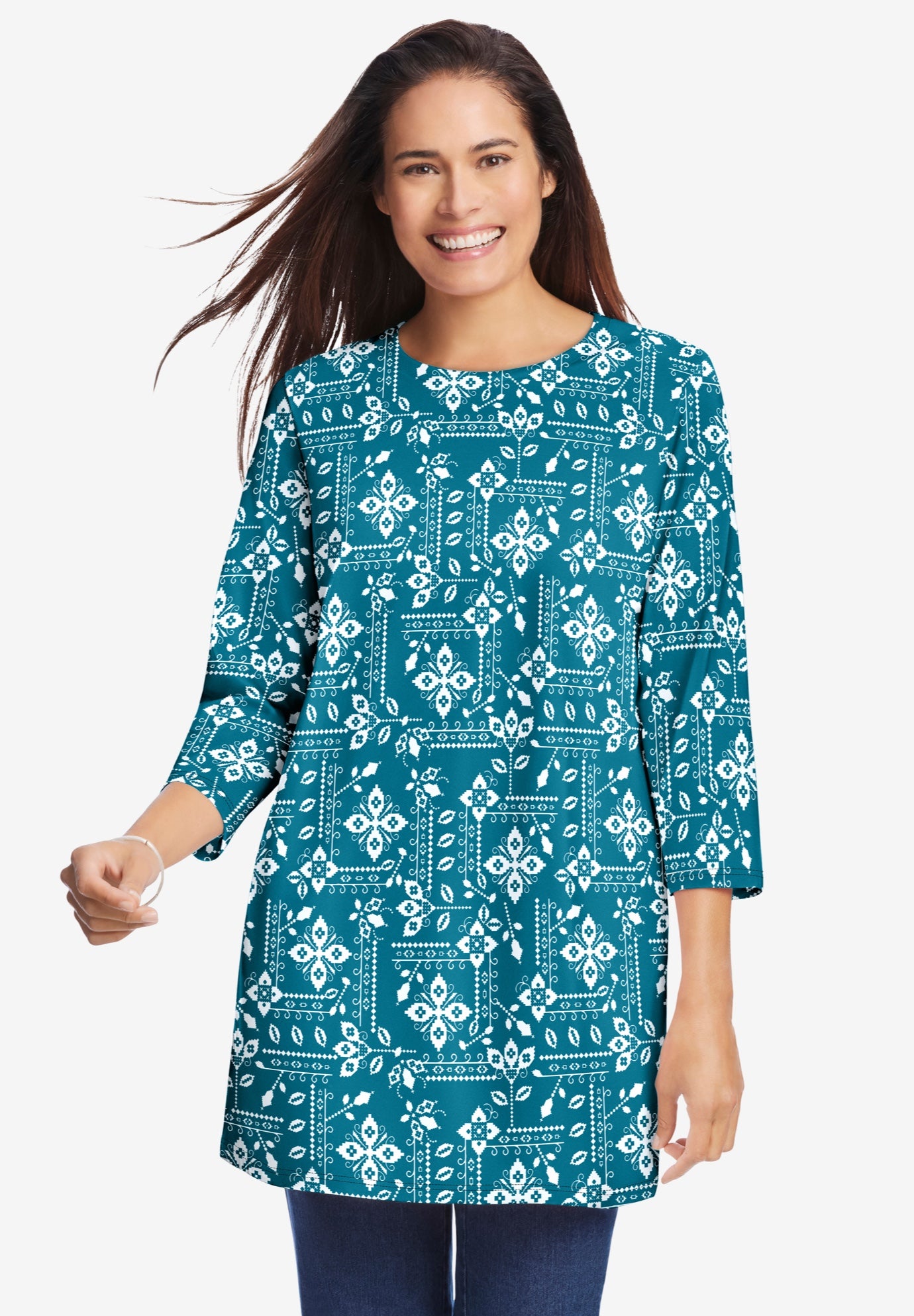 Perfect Printed Three-Quarter Sleeve Crewneck Tunic image number 0