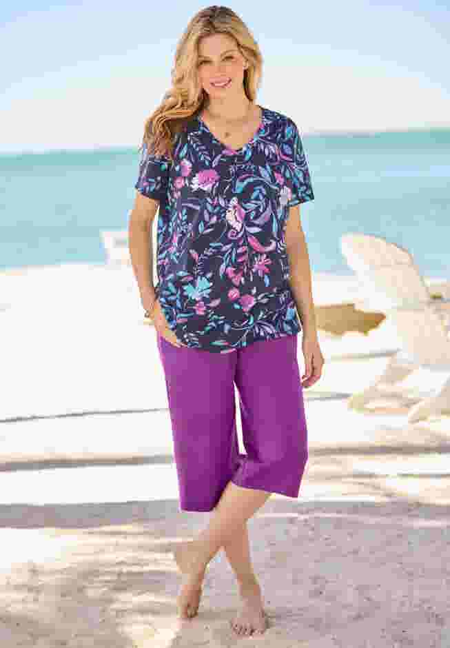 Elastic-Waist Pull-On Knit Pocket Capri Pants image number 0